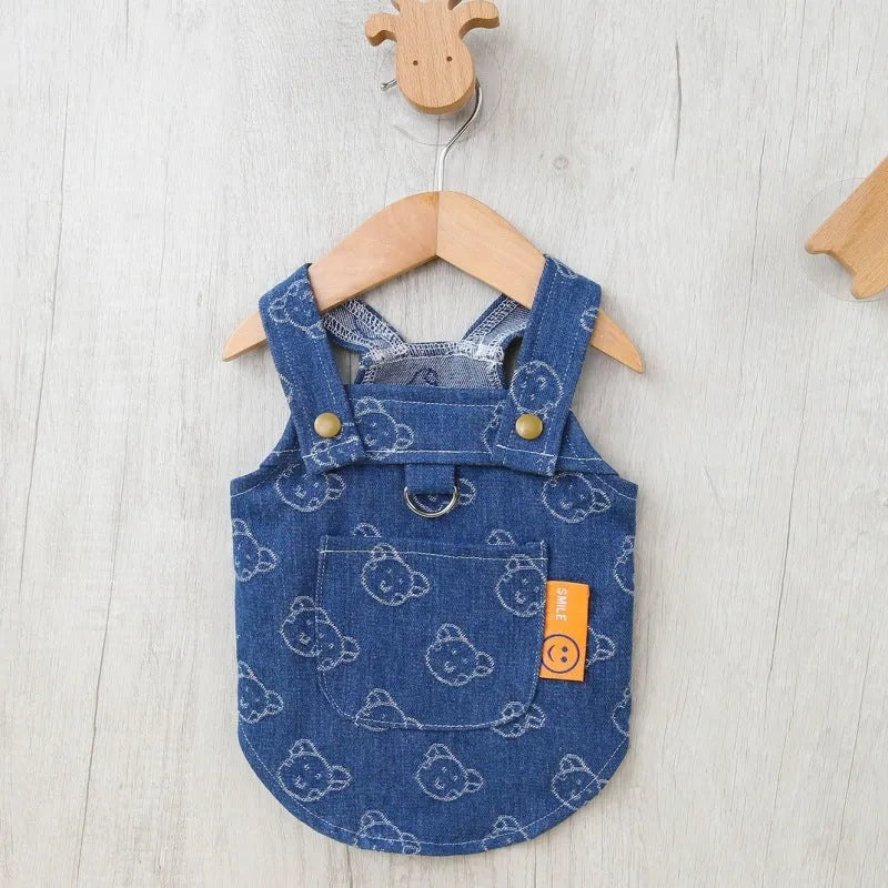 Teddy Bichon small dog wearing denim princess dress with bracket skirt design