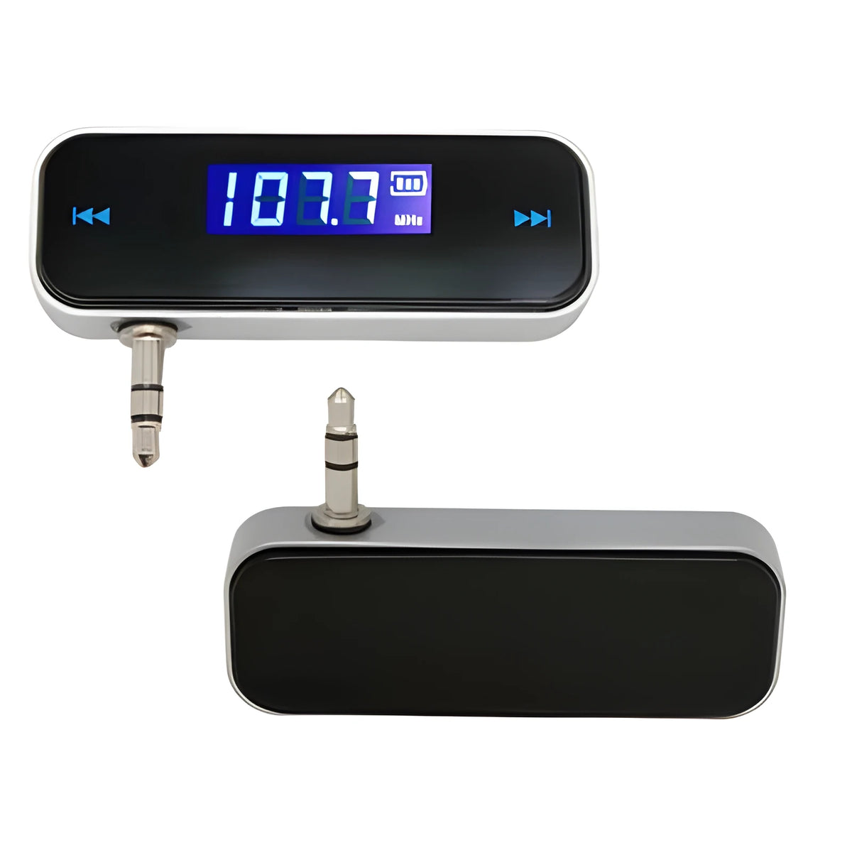 Black car FM transmitter with LCD display showing FM frequency, 3.5mm aux plug connected to smartphone