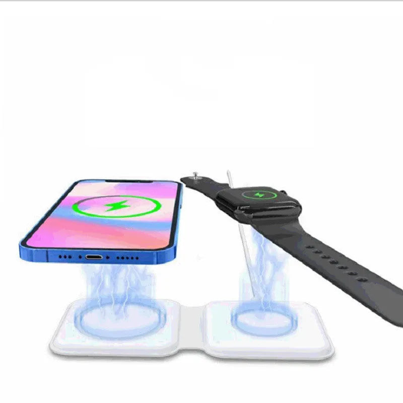 White foldable magnetic wireless charging dock showing dual charging pads and Type-C port