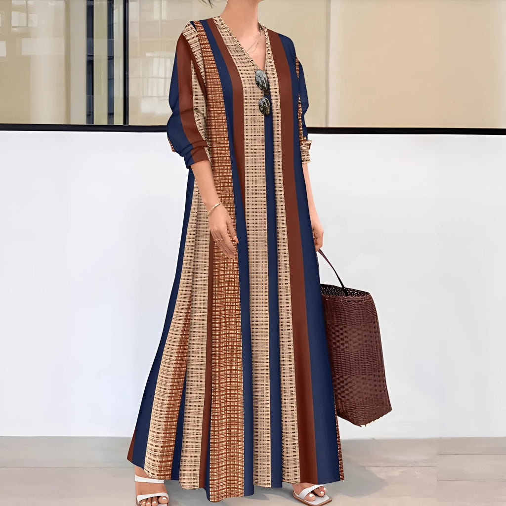 Camel coloured vertical striped V-neck knitted dress with long sleeves and A-line skirt
