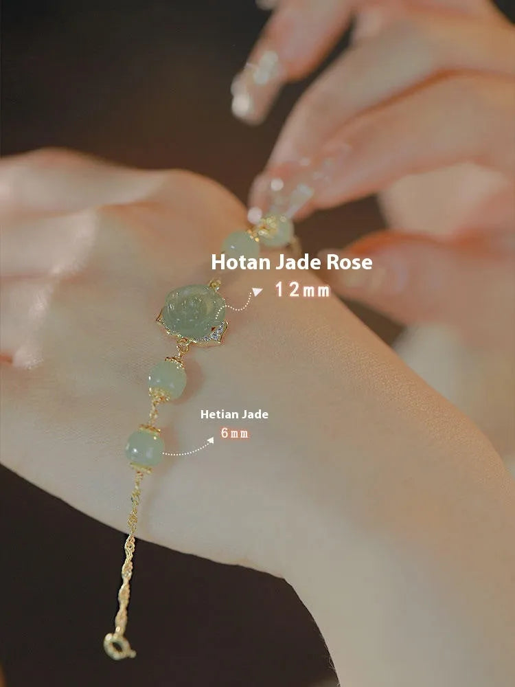 Original design Hetian jade rose women's bracelet with 14K gilded finish and flower shape