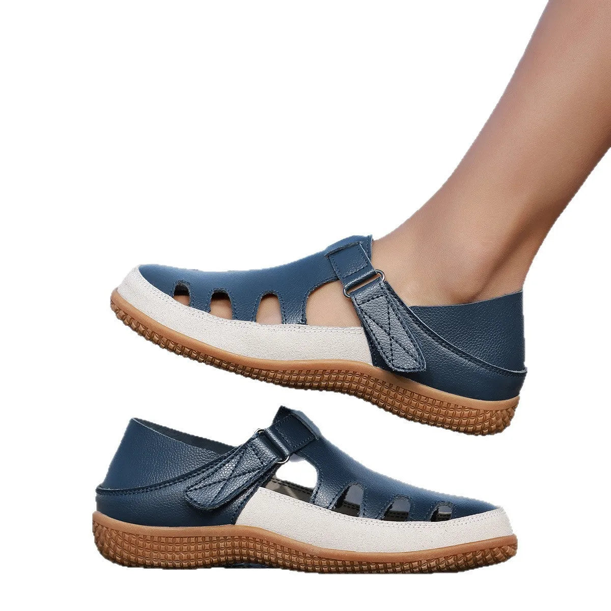 Women's plus size flat heel sandals with toe cap and hollow breathable design in blue colour