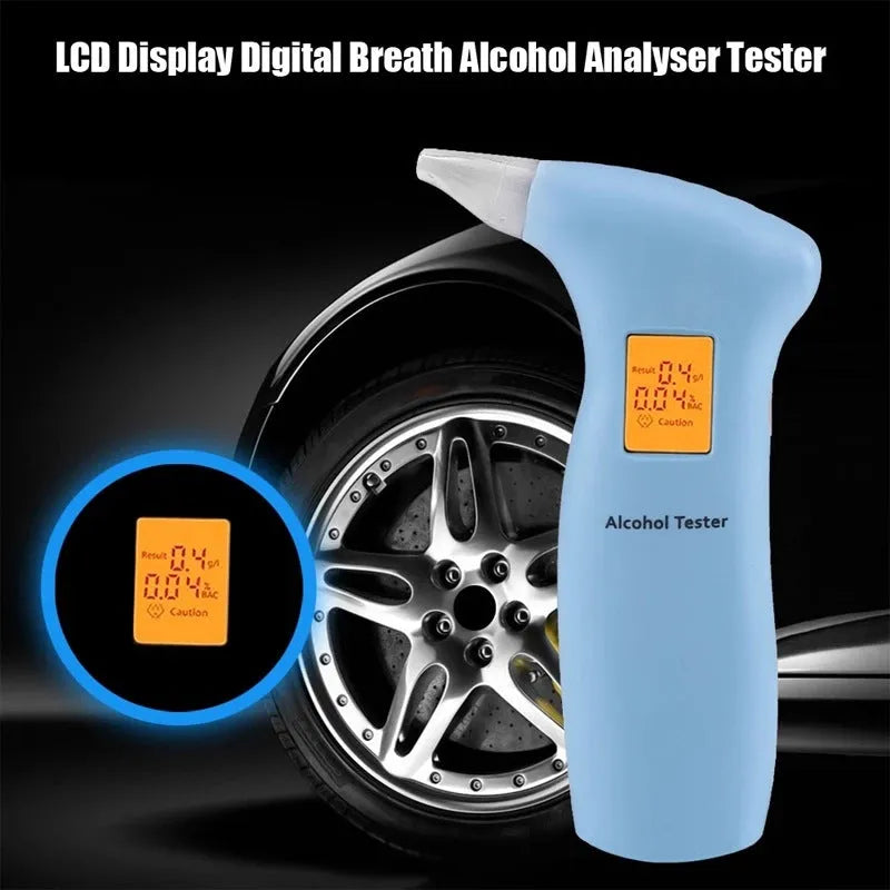 Portable orange light breath alcohol tester with replaceable mouthpieces in black and blue casing options