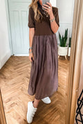 Women's short sleeve knitted patchwork dress in coffee with high waist and mid-length skirt, sizes S to XL