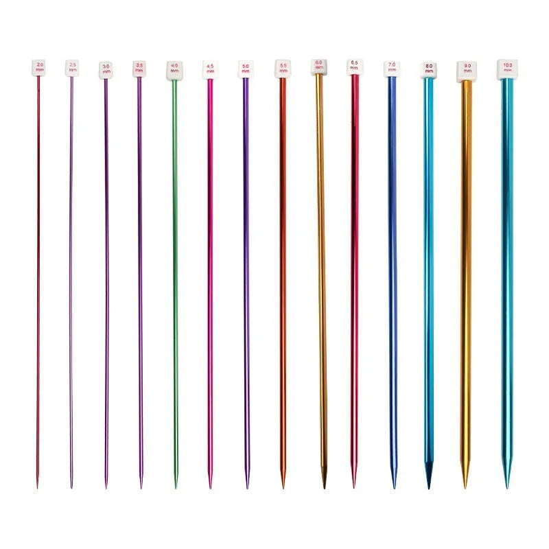 Crochet hook set showing 14 different sizes from 2.0mm to 10.0mm with protective caps and duplicate hooks