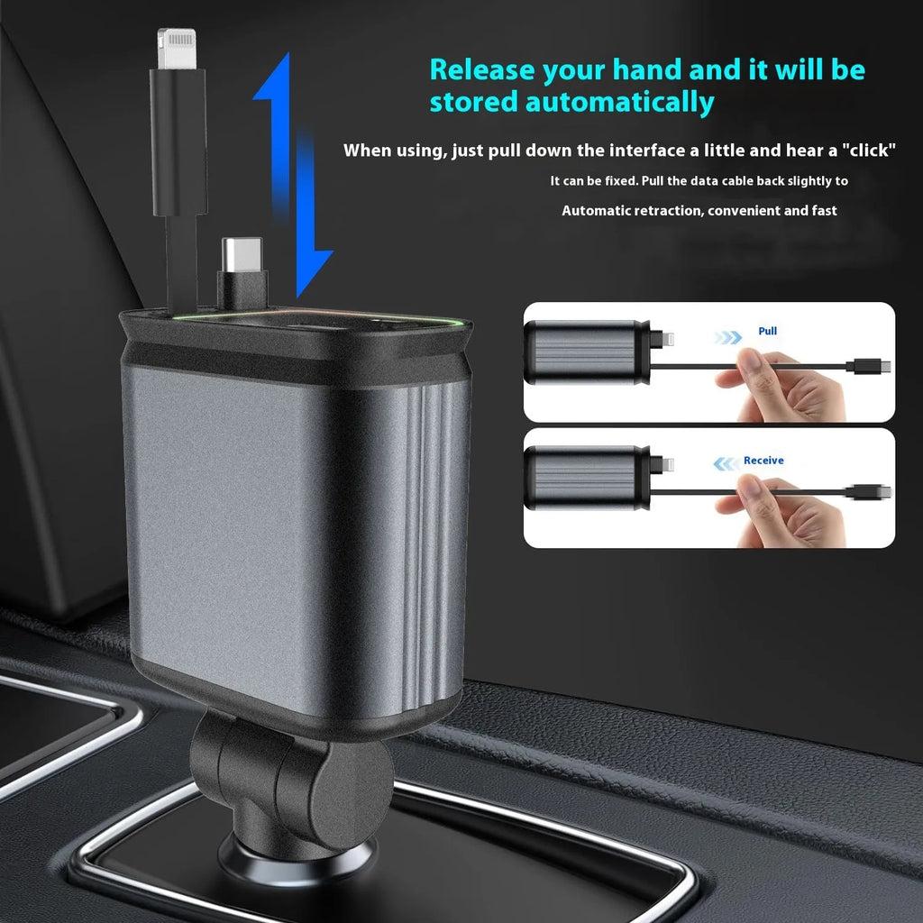 120W four-in-one telescopic car charger with starry sky spotlight and 80cm retractable cable