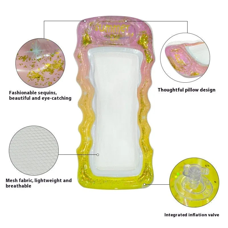 PVC inflatable floating row with gradient sequined designs in blue, pink, and purple colours for pool use