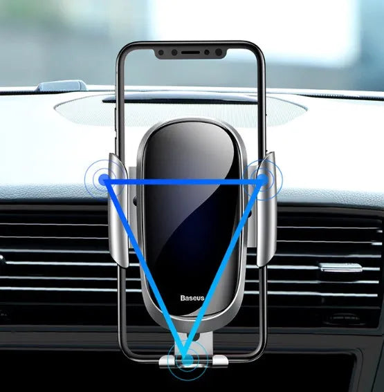 Universal smart car bracket holding smartphone, showing adjustable gripping arms in silvery metallic finish