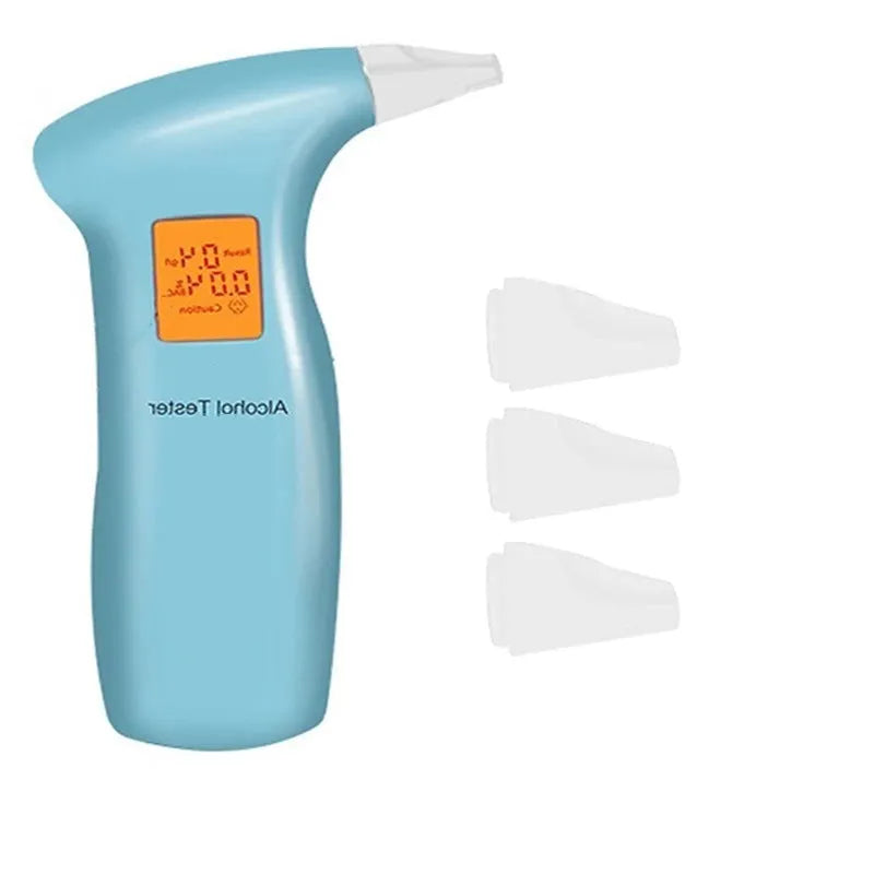 Portable orange light breath alcohol tester with replaceable mouthpieces in black and blue casing options