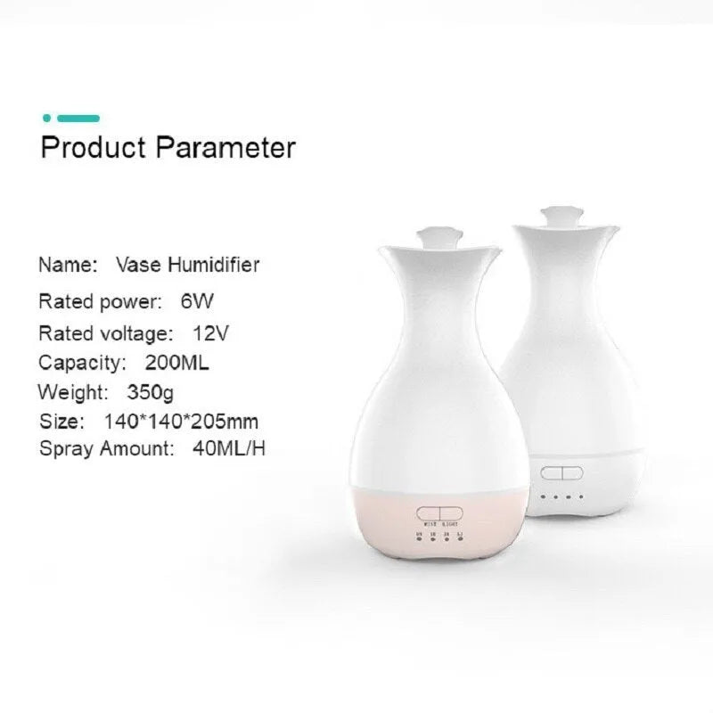 White ultrasonic aromatherapy humidifier with 200ml tank and colourful night light on wooden surface