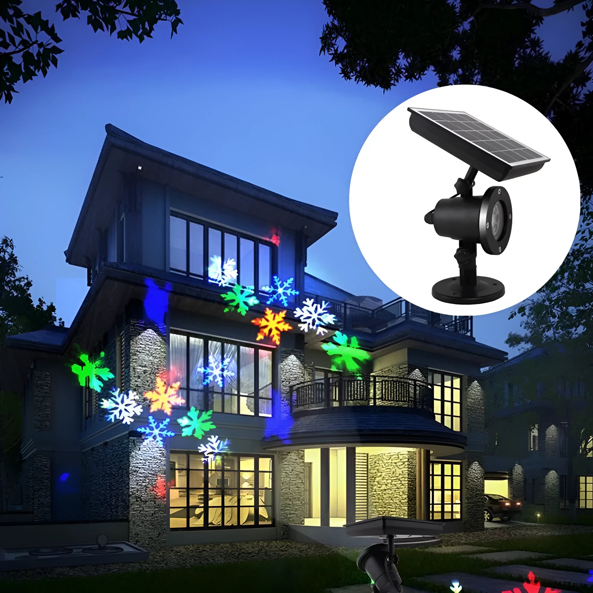 Garden Snow Lamp solar LED snowflake light with red, green, and blue multicolour glow placed in a garden lawn