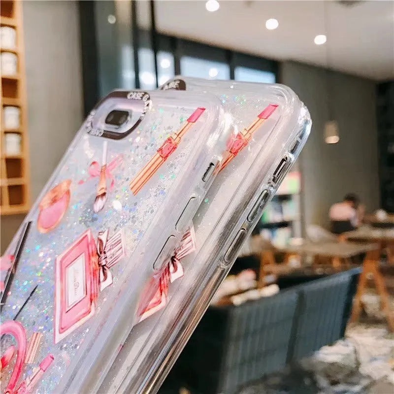 Pink compatible iPhone liquid quicksand cosmetic makeup case with TPU and silicone