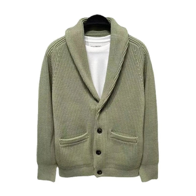 Men’s Korean style hooded knitted cardigan coat in polyester fibre, loose fit, winter long sleeve, available in green black apricot sizes M to 4XL