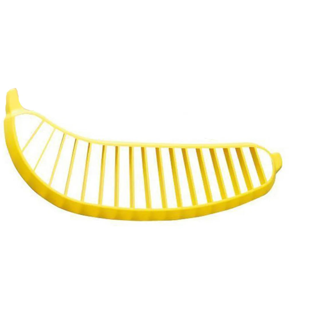Yellow banana cutter food grade PP plastic kitchen tool approximately 25 cm long on a white background