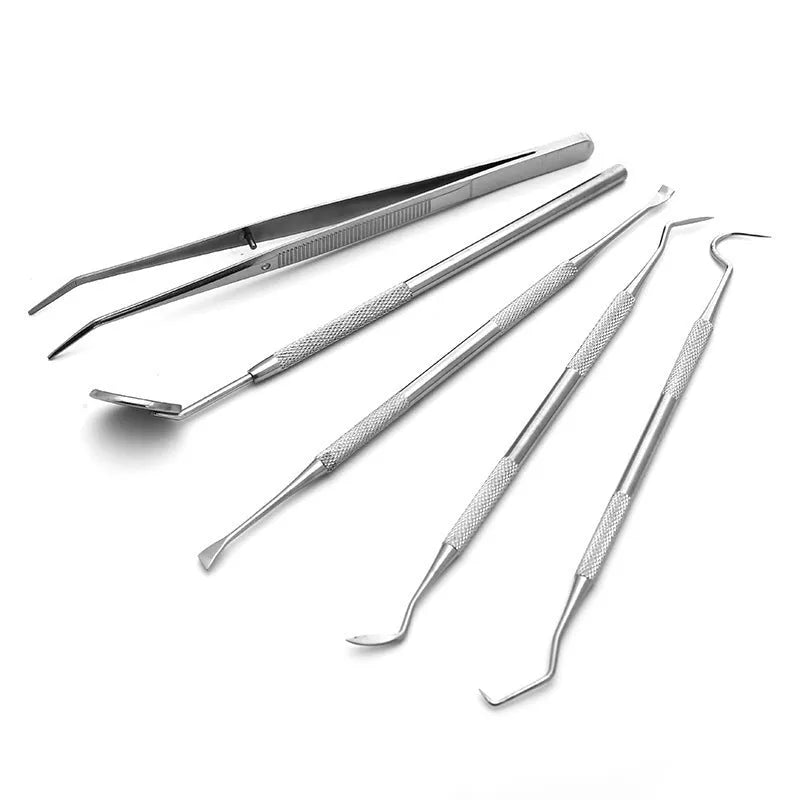 Stainless steel dental tools set with oral mirror and cleaning instruments