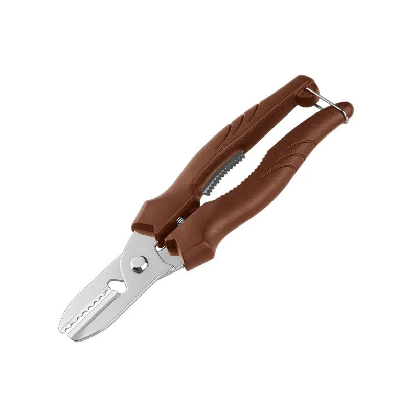 Pair of stainless steel chestnut opening scissors in black colour on white background