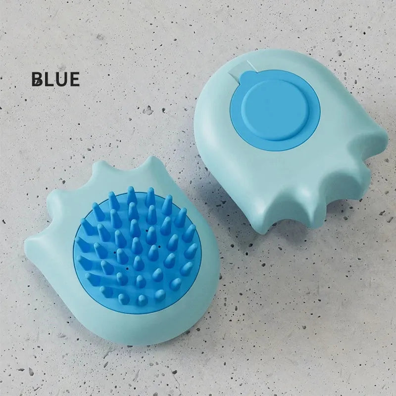 Pet bath massage brush with shampoo reservoir box in blue orange yellow colours measuring 9x8x5.3cm
