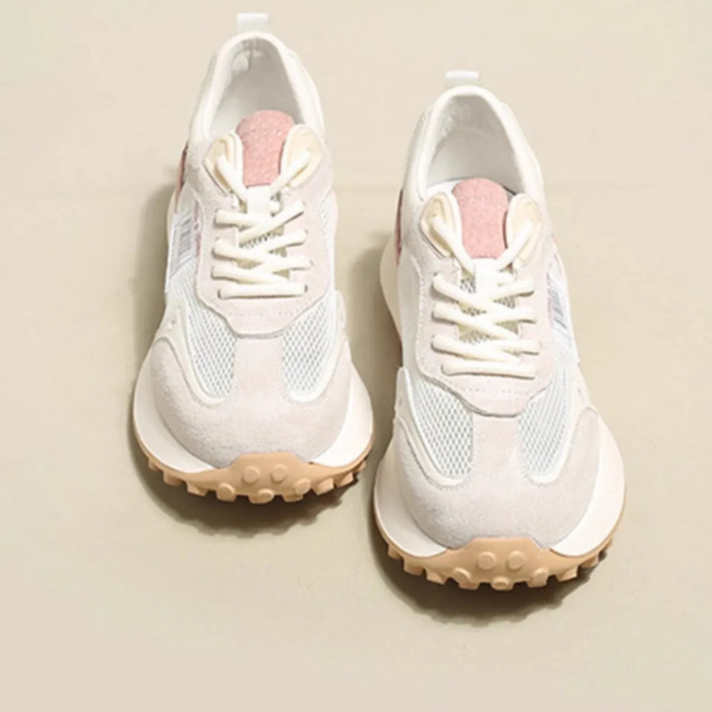 Women's grey and pink low-top retro sneakers with mesh lining and rubber sole