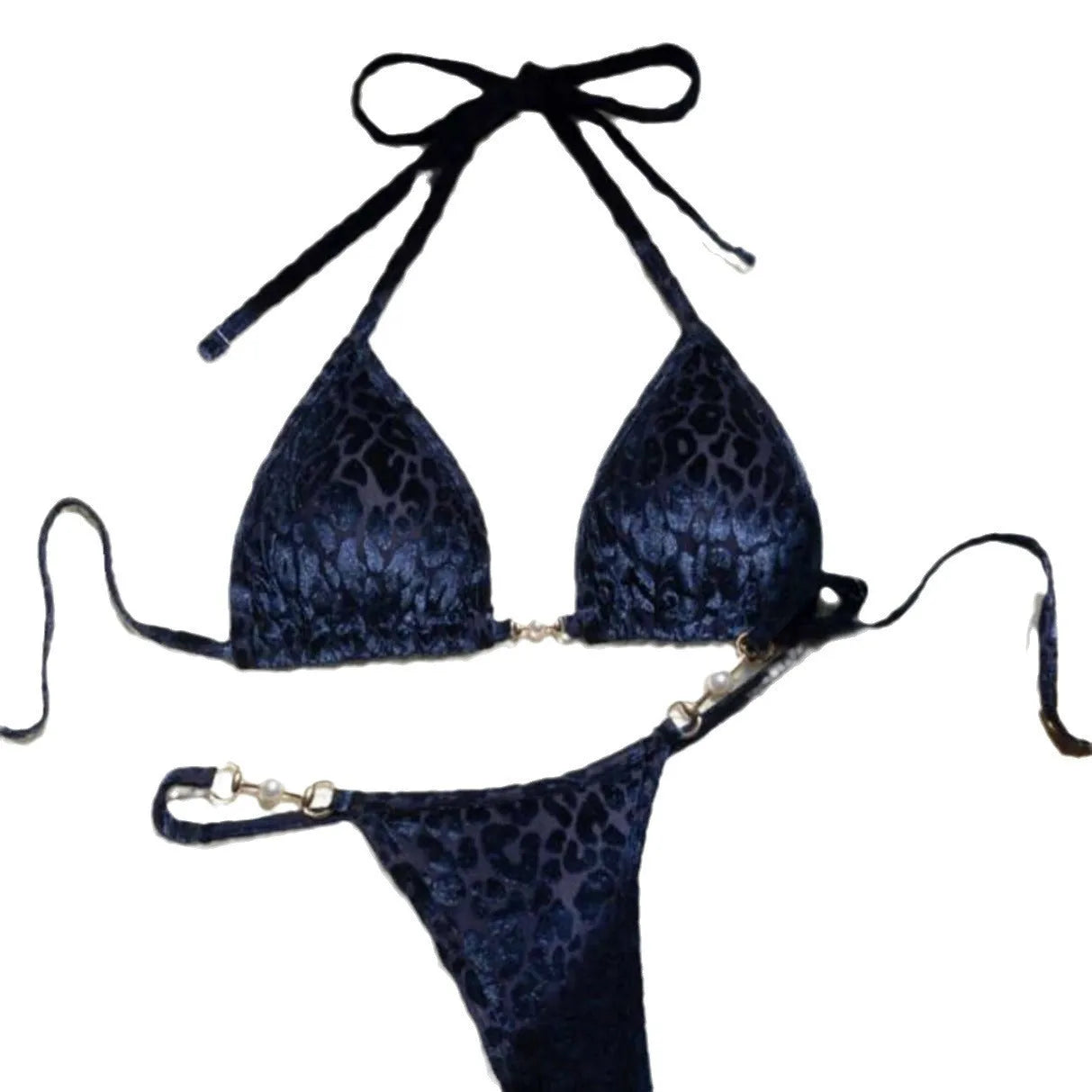 Women's leopard print bikini set with T-shaped design in polyester spandex fabric