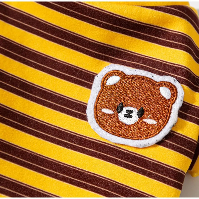 Striped two-legged pet shirt for small dogs and cats, available in yellow-brown bear patch or black-white cat patch, sizes XS to XXL.