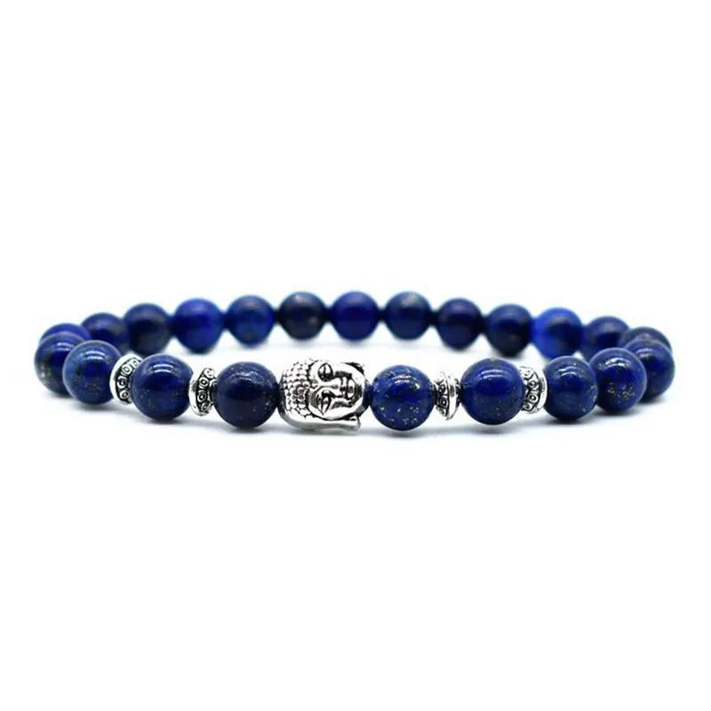 A beaded bracelet with a large 19mm tiger eye stone Buddha head as the centrepiece.