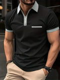 Men's loose fit short sleeve casual shirt with chest pocket and zip decoration detail.