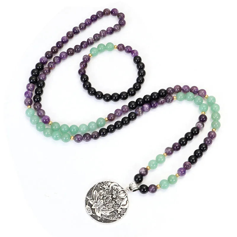 Handmade stone bead necklace with alloy lotus pendant and matching bracelet