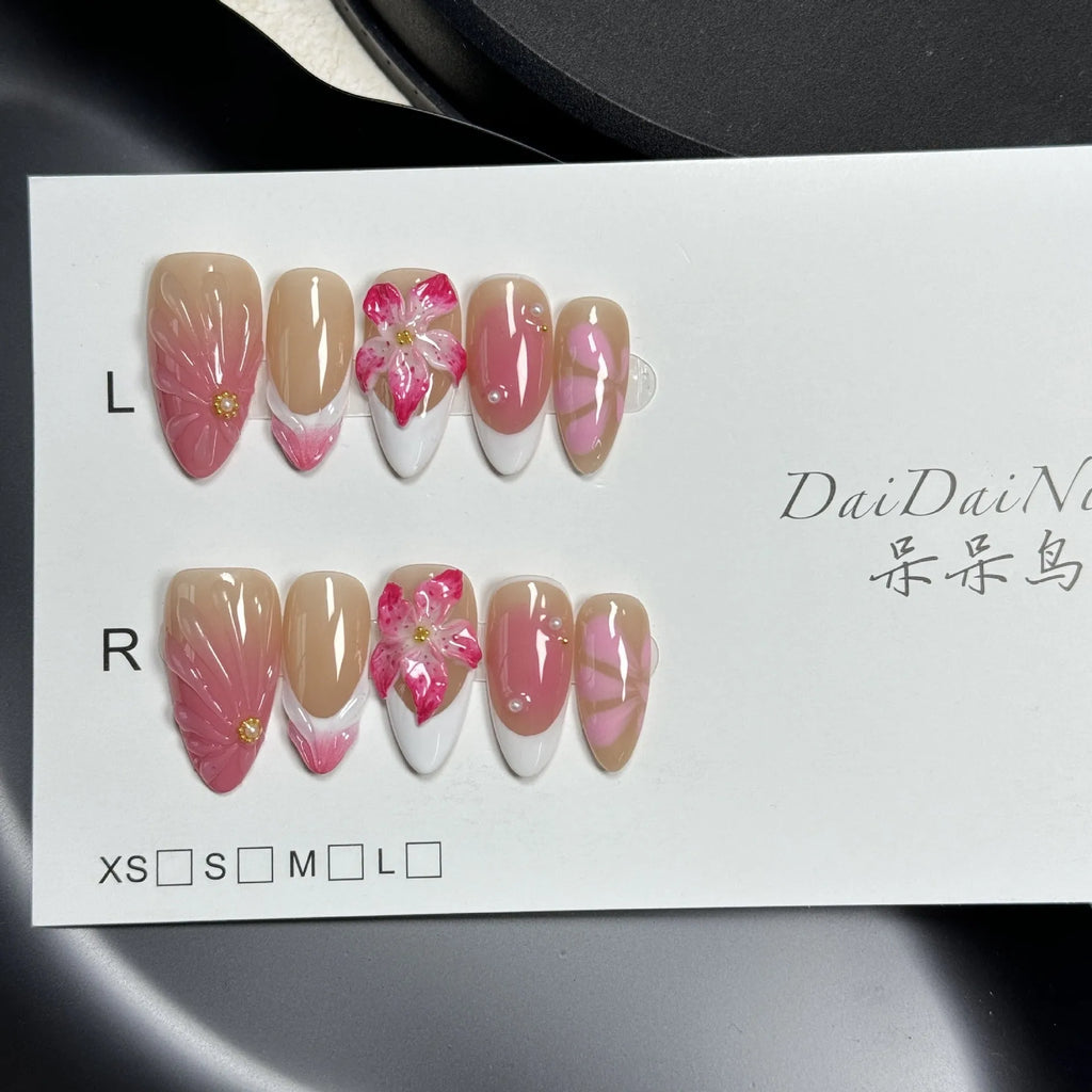 French style lily artificial nails with 3D fluid ice flower design in almond shape