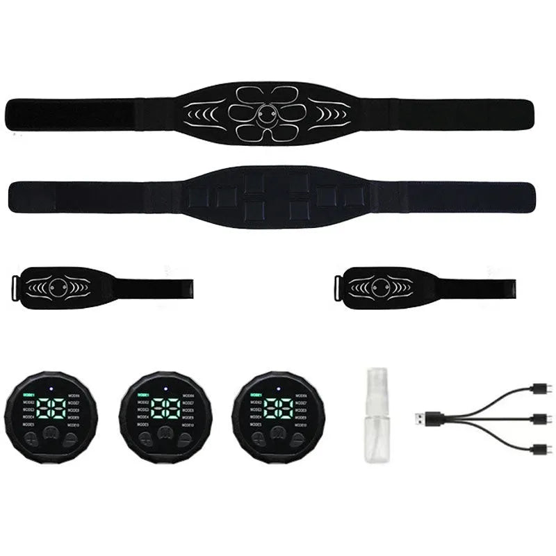 Silicone EMS belly shaping belt with muscle stimulator and hand and foot straps on a flat surface