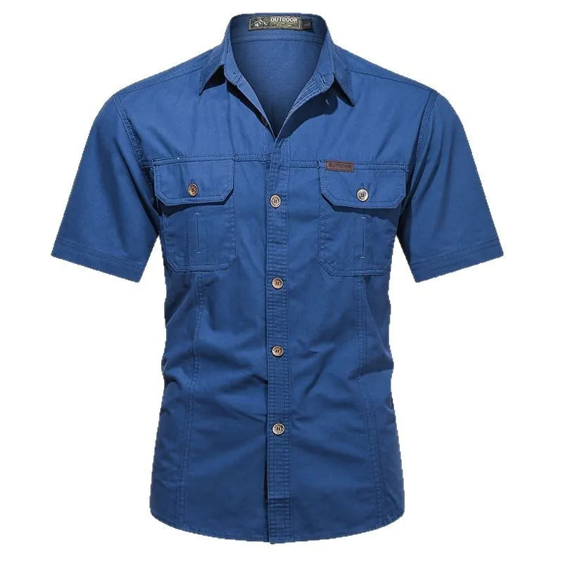Men's loose cotton cardigan work shirt in short sleeve style with non-ironing treatment