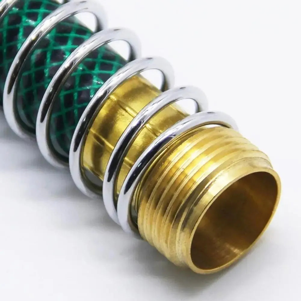 Brass garden hose sprinkler connector with spiral spring mechanism and threaded joints