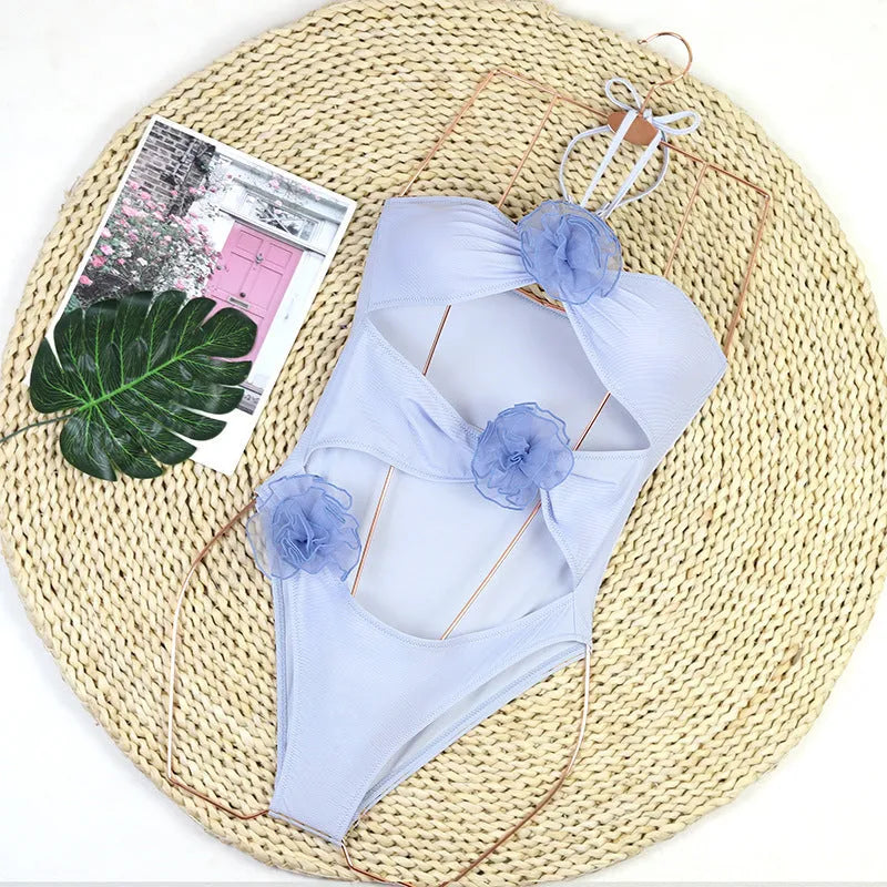 Women's black and blue stripes 3D flower bikini style one-piece nylon swimsuit
