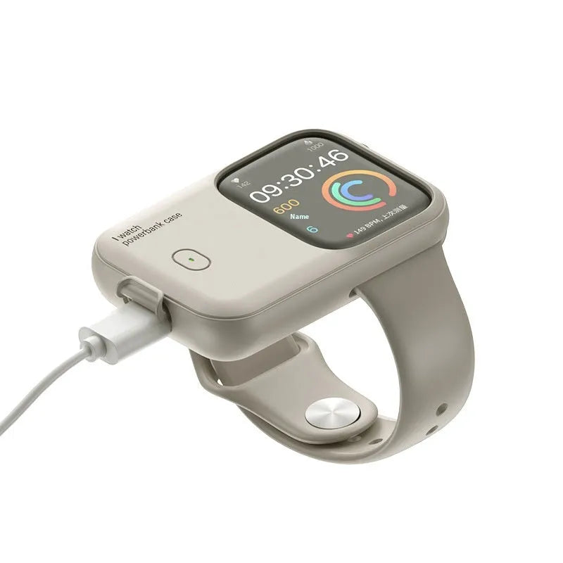 Apple Watch portable wireless charging case with silicone protective cover in Brown, Midnight Blue, or Starlight.