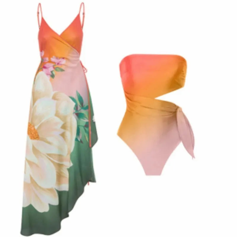 Women's retro print one-piece swimsuit in bikini style on a hanger.