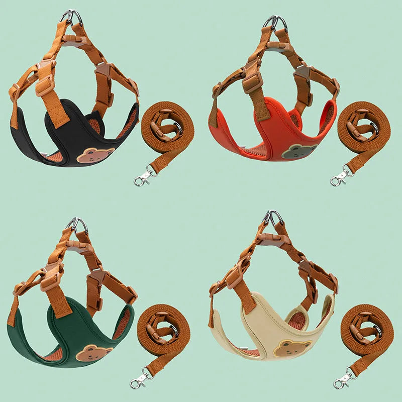 002 bear head red polyester dog chest strap on beige background, five sizes available from XS to XL