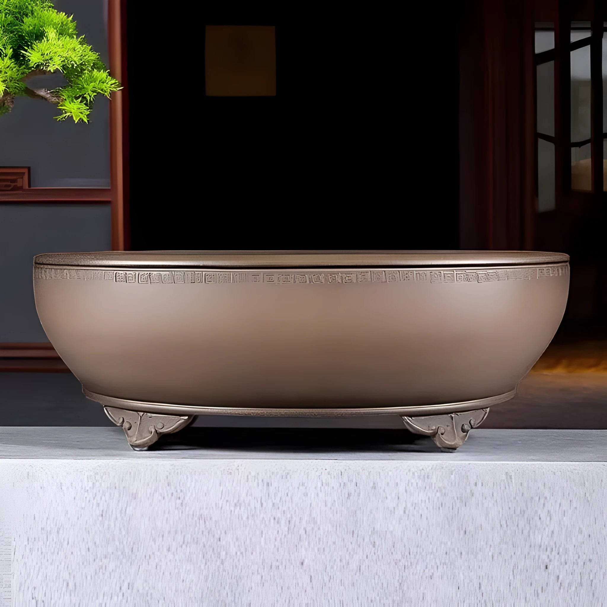 Handmade oval purple sand flowerpot in black mud green colour measuring 50cm long