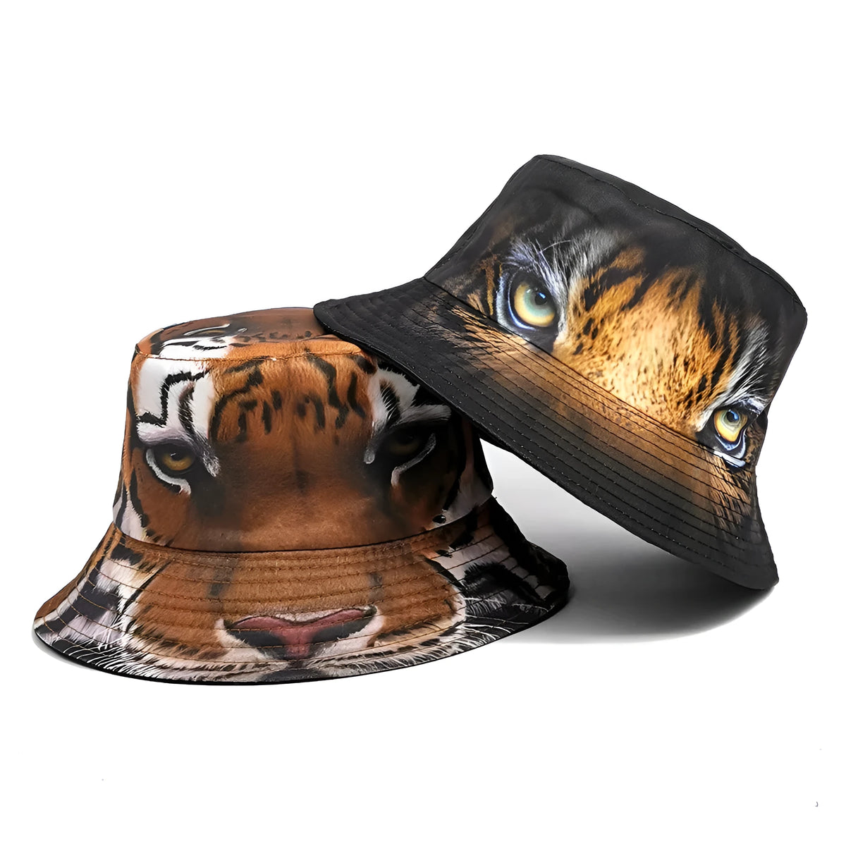 Tiger pattern polyester bucket hat in khaki or black with dome crown measuring 56-58cm