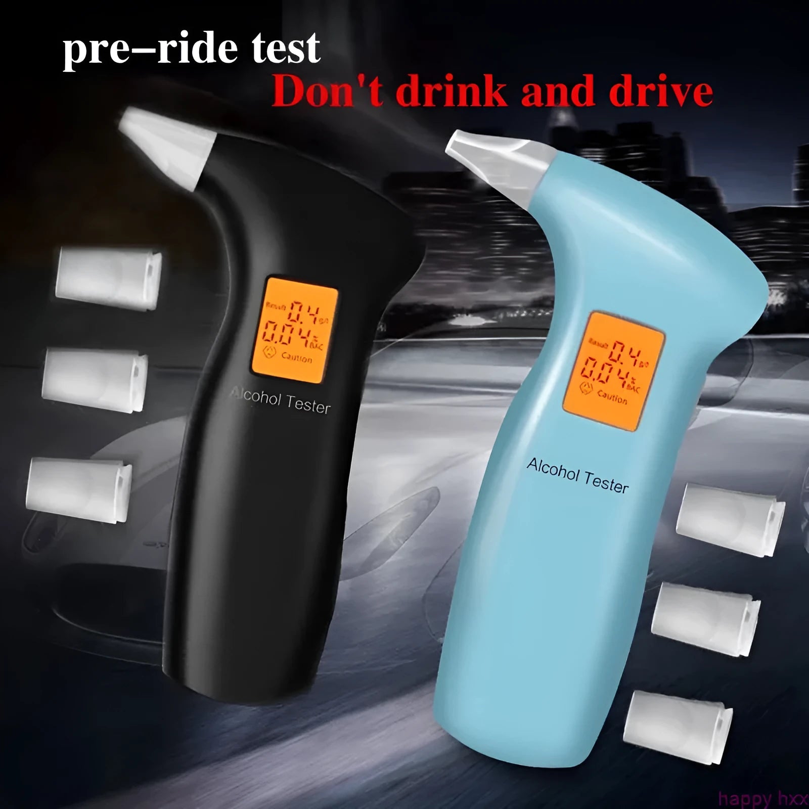 Portable orange light breath alcohol tester with replaceable mouthpieces in black and blue casing options