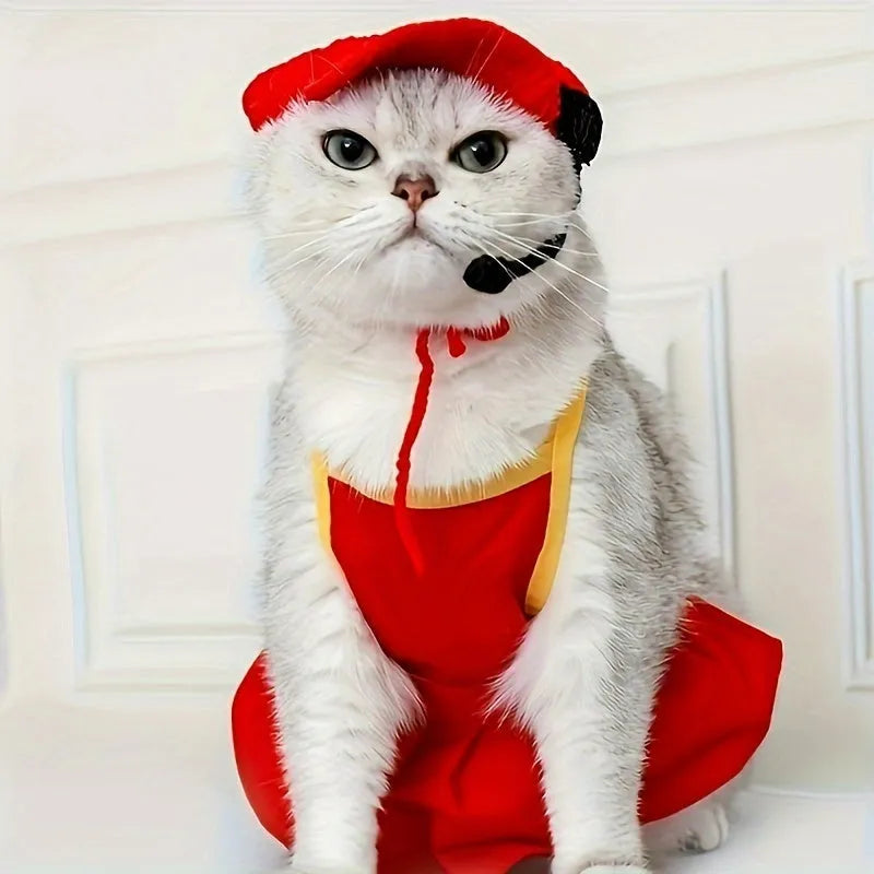 Handmade knitted cotton sweater and chef hat outfit on a small cat for a birthday party.
