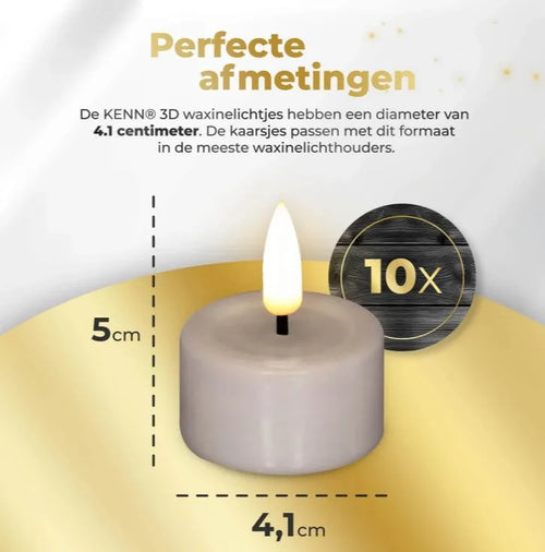 Set of four taupe coloured S10 3D flame LED tealight candles showing realistic flickering effect.