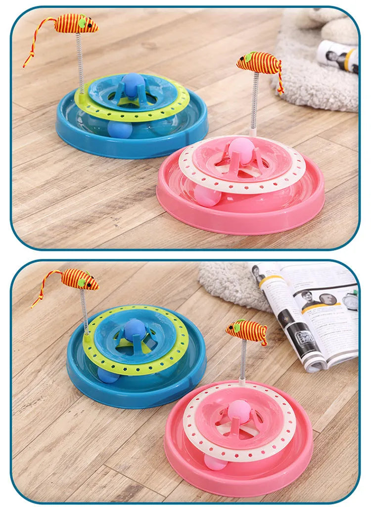 Pink interactive cat play plate toy with spring, PP plastic, 20.6cm diameter, 25.3cm high