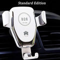 Car wireless charger mount holding iPhone with automatic clamping arms and dashboard mounting
