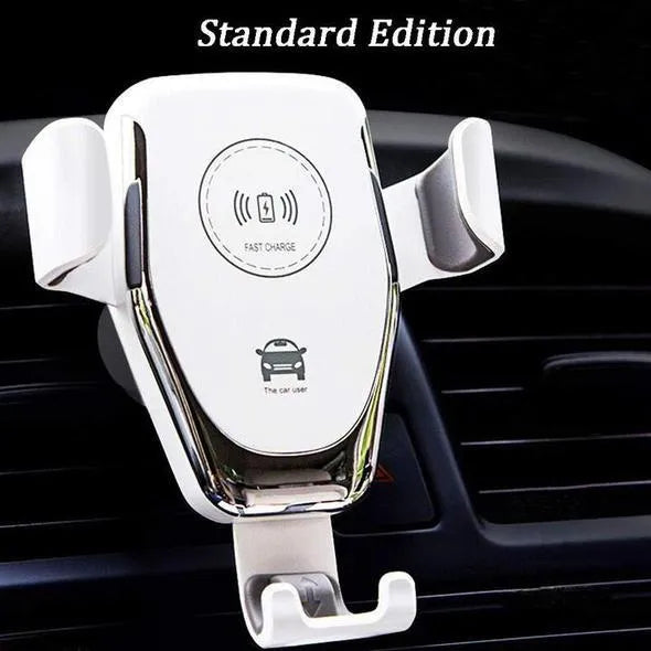 Car wireless charger mount holding iPhone with automatic clamping arms and dashboard mounting