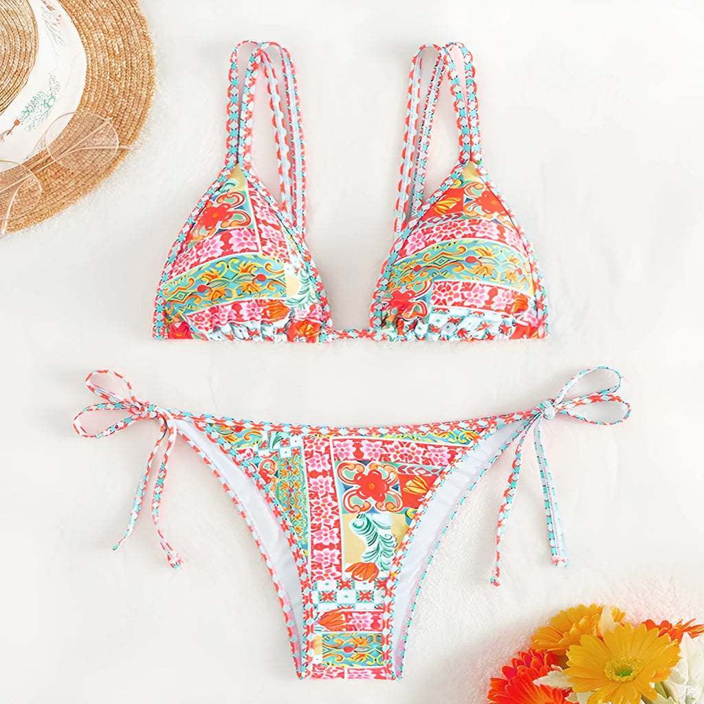 Women's lace-up front backless swimsuit bikini set in polyester fabric