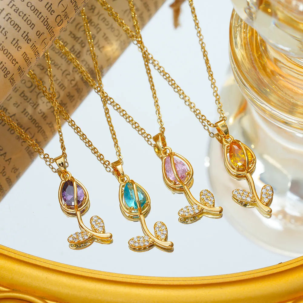 Titanium steel tulip flower necklace for women with zircon decoration and adjustable length