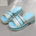 Women's colourful wave print wedge sandals with thick rubber sole and fish mouth open toe.