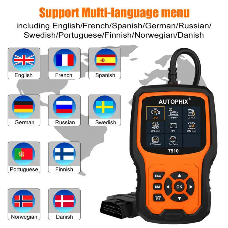 Autophix 7910 BMW OBD2 diagnostic scanner tool with display screen and connector cable for vehicle maintenance