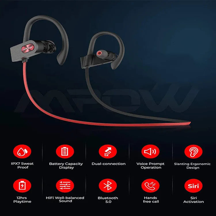 Red hanging ear Bluetooth headset showing the ear hook design and speaker unit