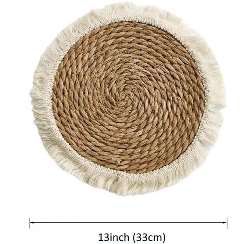 Round Japanese placemat made from natural papyrus with decorative tassels in modern simple style