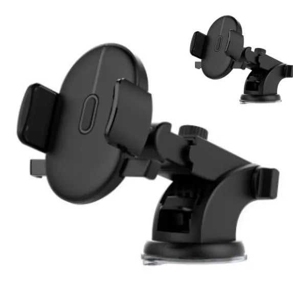 Yellow and black telescopic car phone holder with suction cup mounted on a car dashboard.